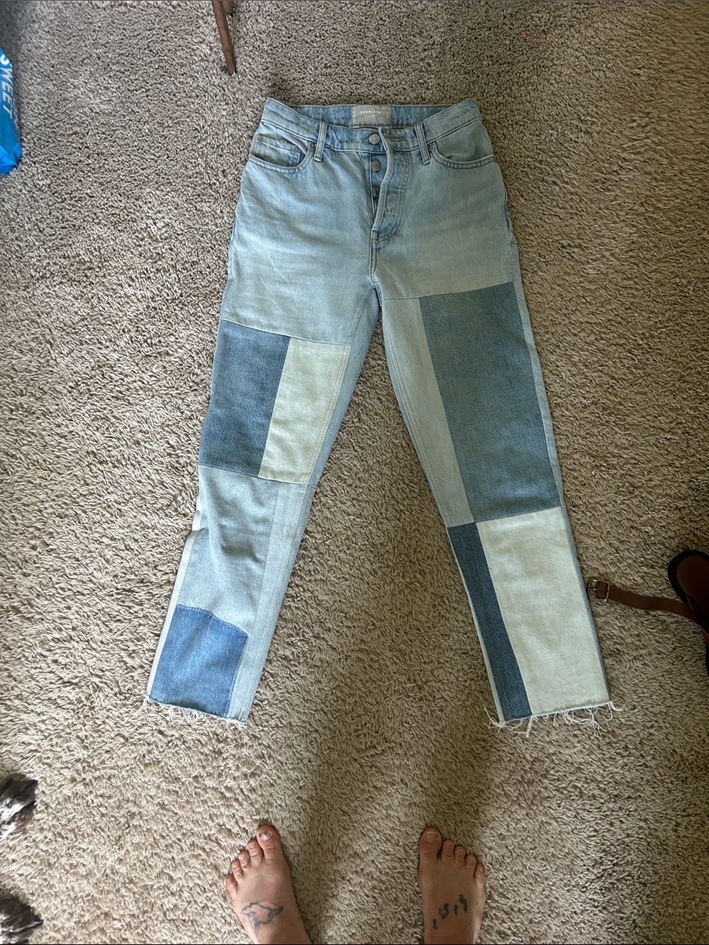 Everlane Patchwork Two-Tone Light and Dark Blue Jeans